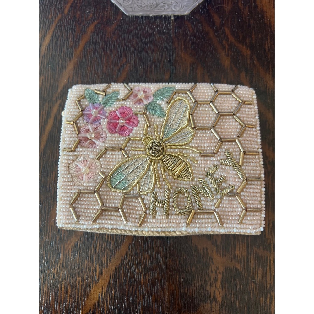 Mary Frances Honey Bee Beaded Card Case Wallet Pink Gold SW S001-576 Bifold